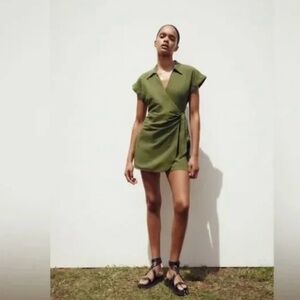 ZARA- KNOTTED LINEN BLEND SHORT JUMPSUIT. OLIVE. SIZE XS.